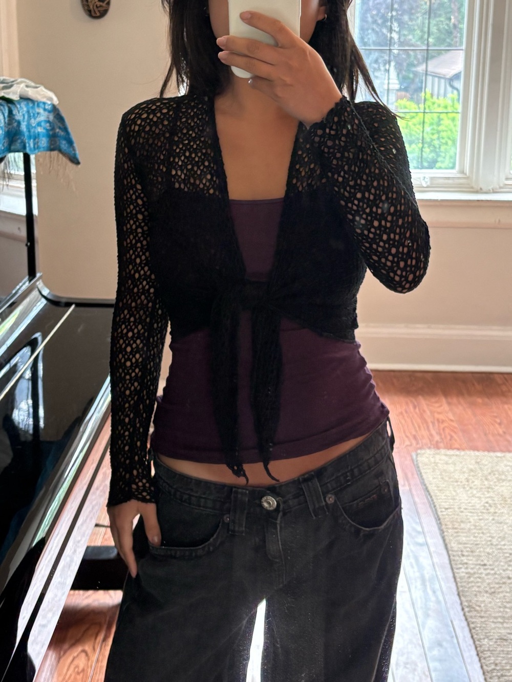 Vintage Italian Black Crochet Tie Front Beach Coverup Shrug Top